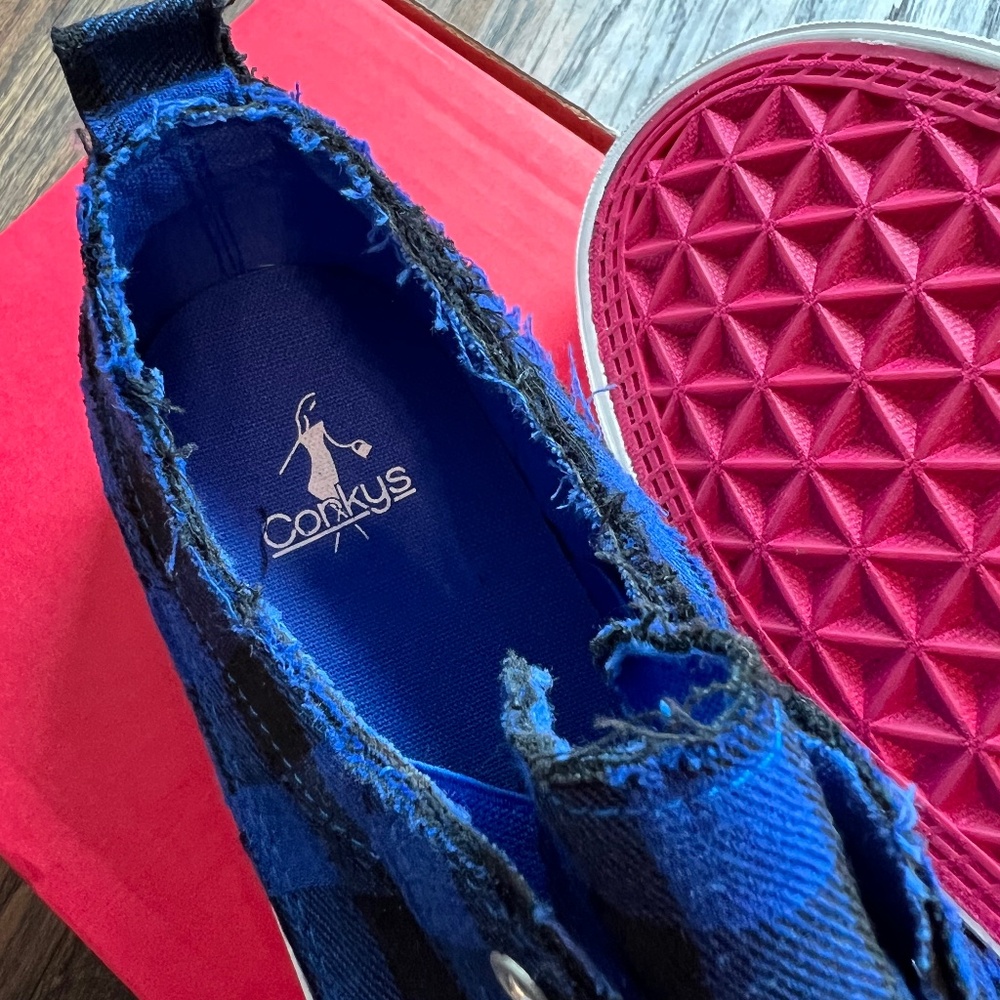 Corky's Babalu slip on sneaker.  Blue/black plaid